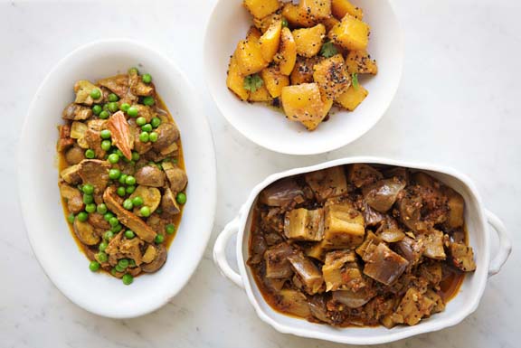 At Home with Madhur Jaffrey - Dishes Sweet and Sour Butternut Squash, Mushroom and Pea Curry adn Eggplants in a North South Sauce from 'At Home with Madhur Jaffrey'