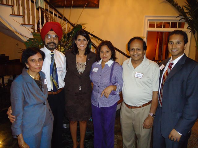L-R: Nikki Haley's mother Raj Randhawa, father Dr. Ajit Randhawa, Nikki Haley, Gita Teppara, Dilip Teppara, Dino Teppara