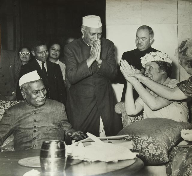 Dr. Helen Keller, who was calling on President Dr. Rajendra Prasad at the Rashtrapati Bhawan, being greeted by, Prime Minister Nehru who had come to see her Homai Vyarawalla India; 1955 Alkazi Collection of Photography