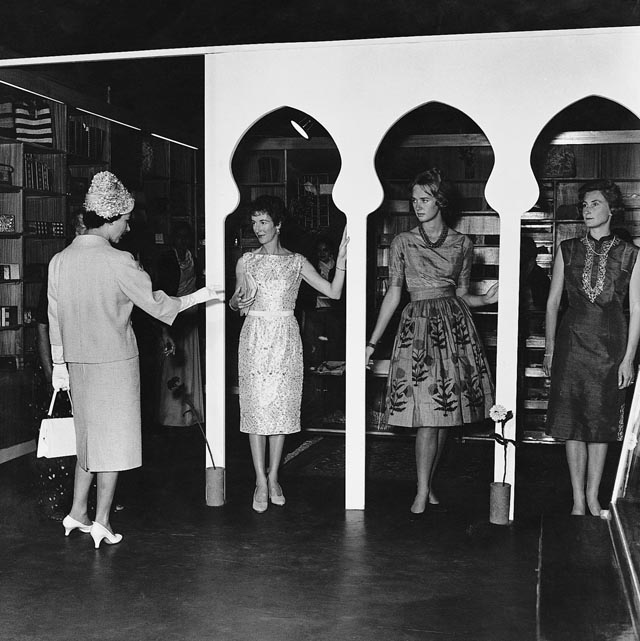 Homai Vyarawalla, Indian (1913 – 2012) Queen Elizabeth II at a fashion show organized by the wives of diplomats at the Central Cottage Industries in Delhi; 1961 Gelatin Silver Print Alkazi Collection of Photography