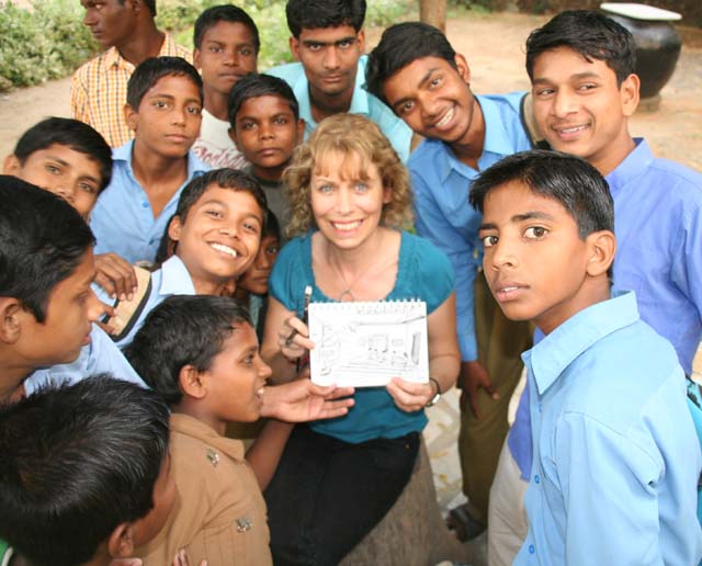 Claire Phillips with the children in India