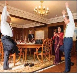 Ban Ki Moon, Secretary General of the UN, practicing yoga for Yoga Day.