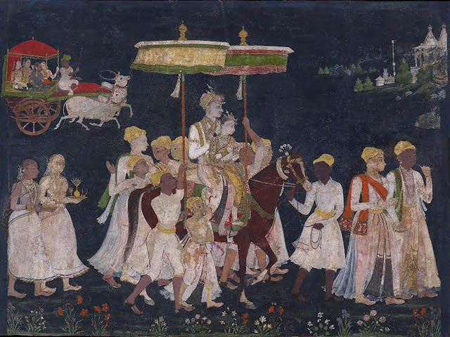 Wedding Procession of Sultan Muhammad Quli Qutb Shah Golconda, ca. 1650 Opaque watercolor and gold on paper, 9⅝ × 12¾ in. (24.3 × 32.3 cm) The Ashmolean Museum, Oxford. Lent by Howard Hodgkin. 