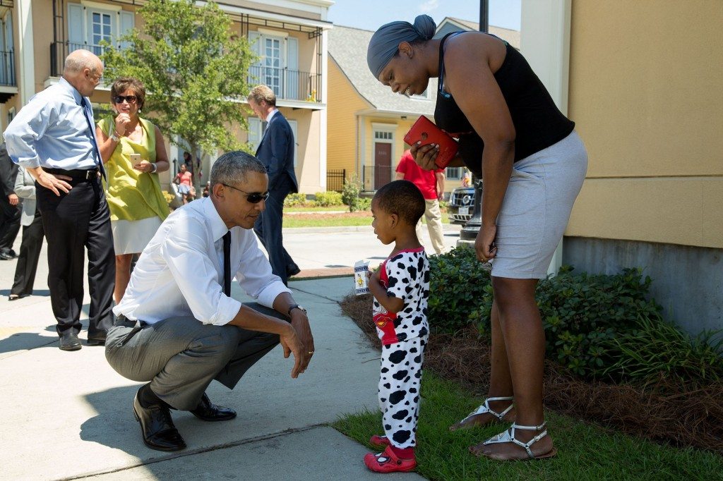 “Nice pajamas. The President greets residents in the Tremé neighborhood of New Orleans. The area experienced significant flooding during Hurricane Katrina ten years ago, and much of it has been rebuilt.” (Official White House Photo by Pete Souza)