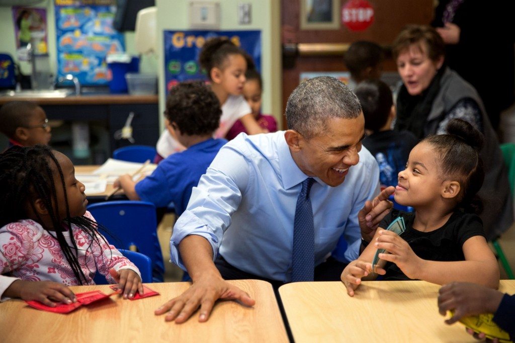 “While we were in Lawrence, Kan., we stopped at the Community Children’s Center–one of the nation’s oldest Head Start providers. The President sat next to Akira Cooper, right, and reacted to something she said to him.” (Official White House Photo by Pete Souza)