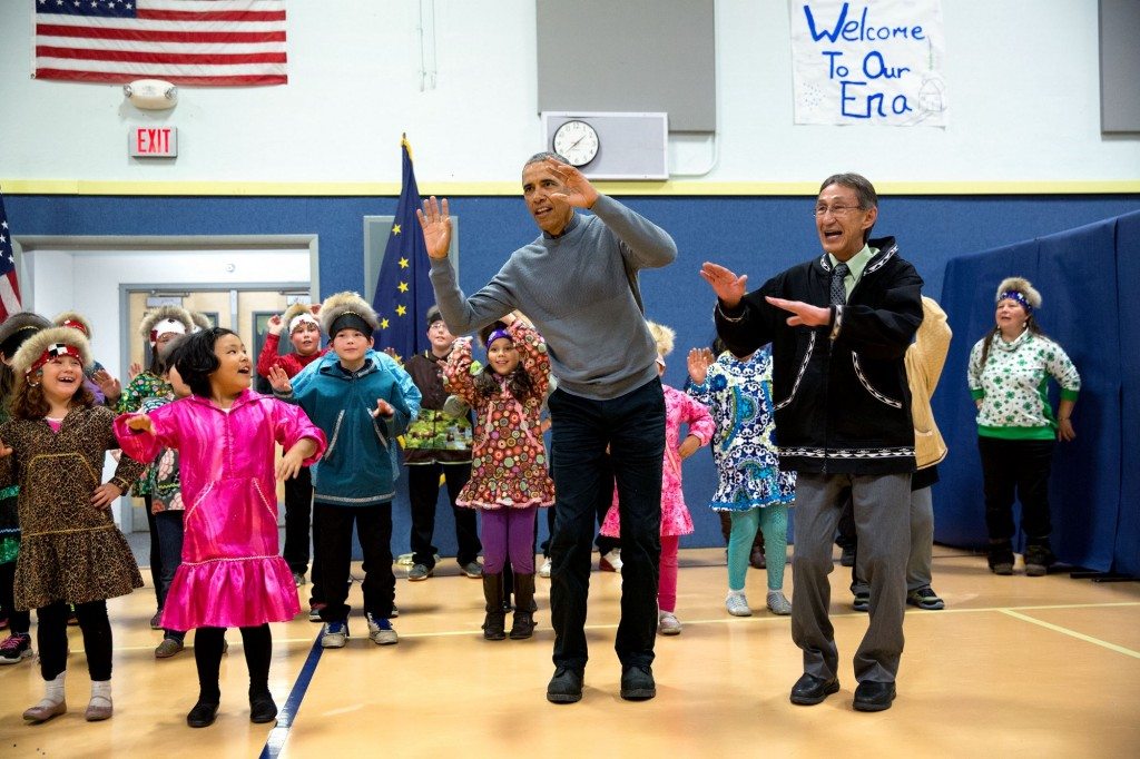“The President joins locals during a cultural dance performance at Dillingham Middle School in Dillingham, Alaska.” (Official White House Photo by Pete Souza)