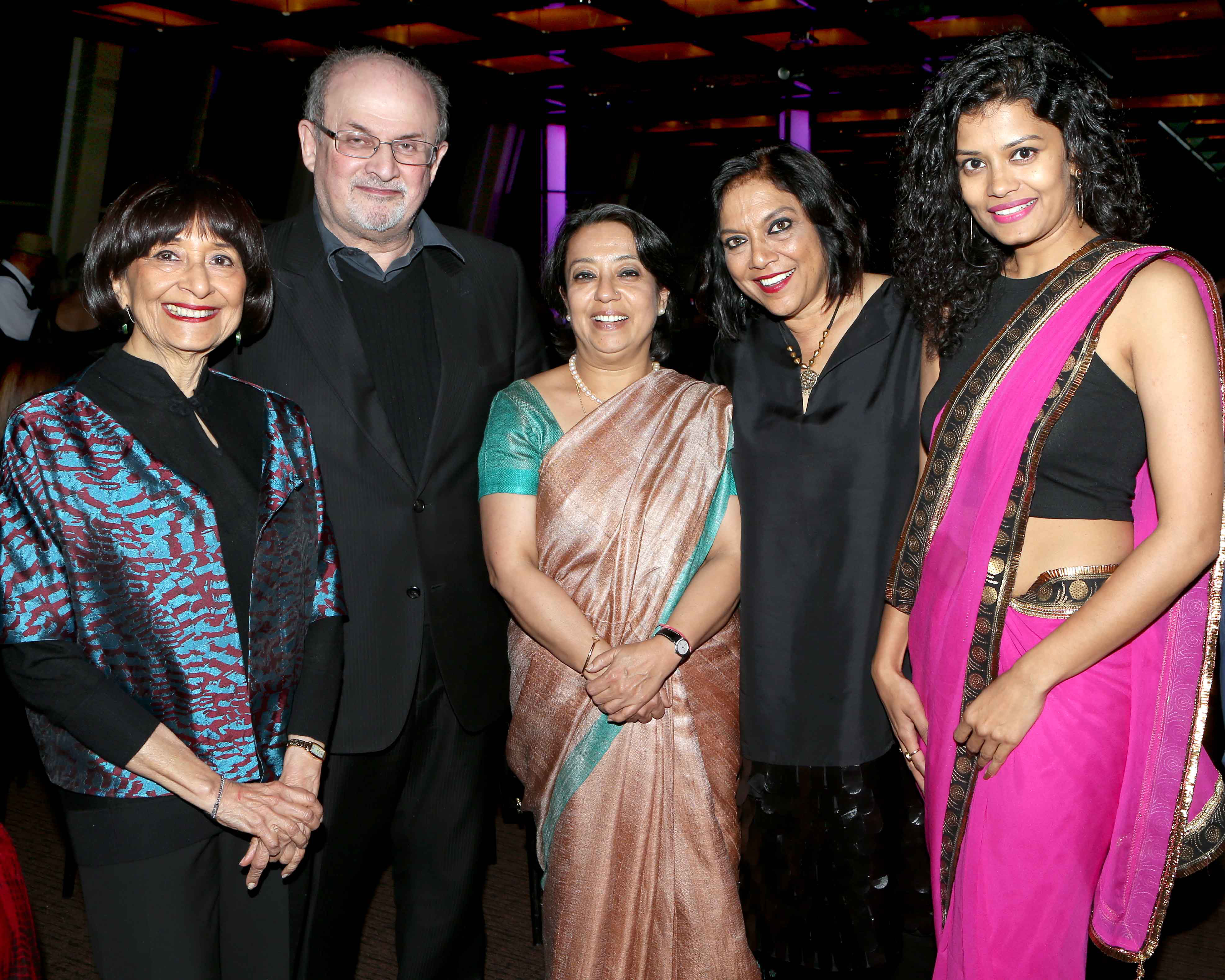 From Left, Madhur Jaffrey , Author Salman Rushdie, Ambassador Riva ganguly Das, India's Consul General to NY City, Filmmaker Mira Nair and actress Palomi Ghosh