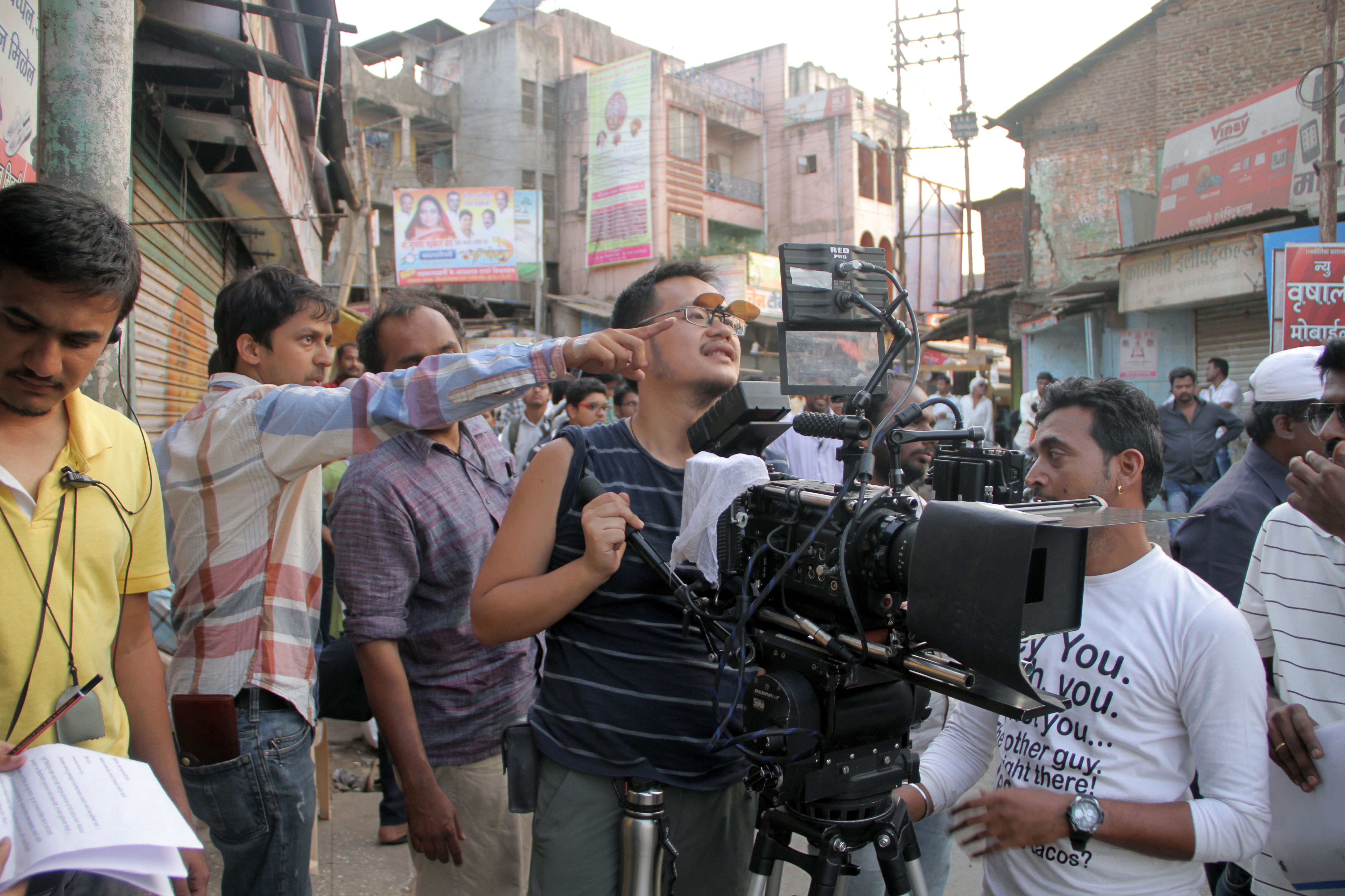 Left to Right: Ninad Gosavi (Gaffer), Shrihari Sathe (Director/Producer), Pramod Thomas (Sound Recordist), Ming Kai Leung (Cinematographer) and Gagandeep Bawa (Focus Puller) on location in Bhor, Maharashtra.