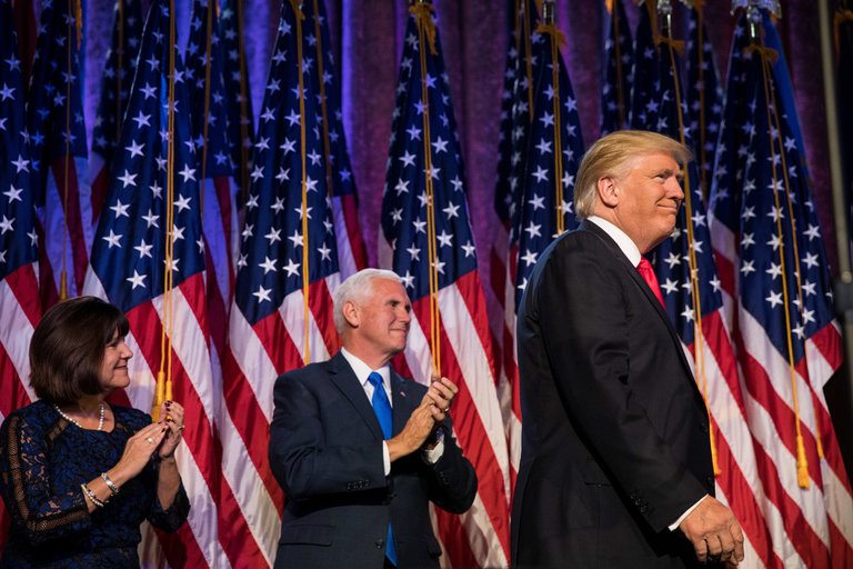 Donald J. Trump with Gov. Mike Pence at his victory speech on Tuesday night. Credit Damon Winter/The New York Times