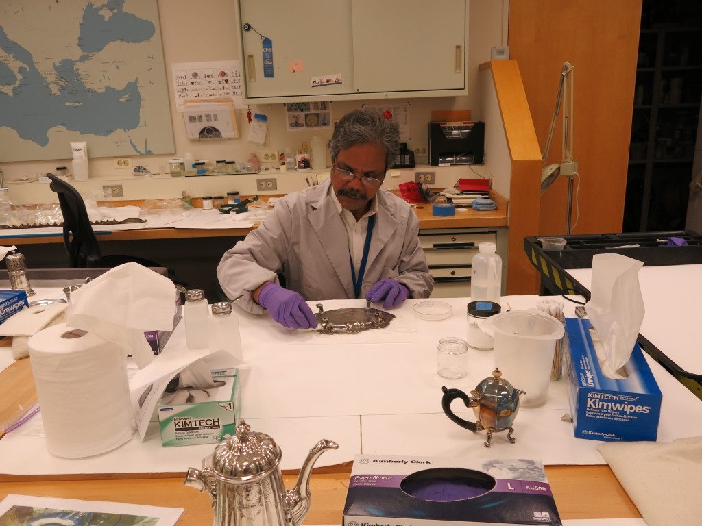 3.Kailas Abhiman Humane–Salar Jung Museum, Hyderabad—Mr. Humane, a chemist by training who heads up the Chemical Conservation Laboratory for a large and diverse collection, learned mechanical methods for cleaning historic silver, which are more easily controlled than chemical treatments. Here he is cleaning a silver tray by the Britain silversmith Paul de Lemarie.