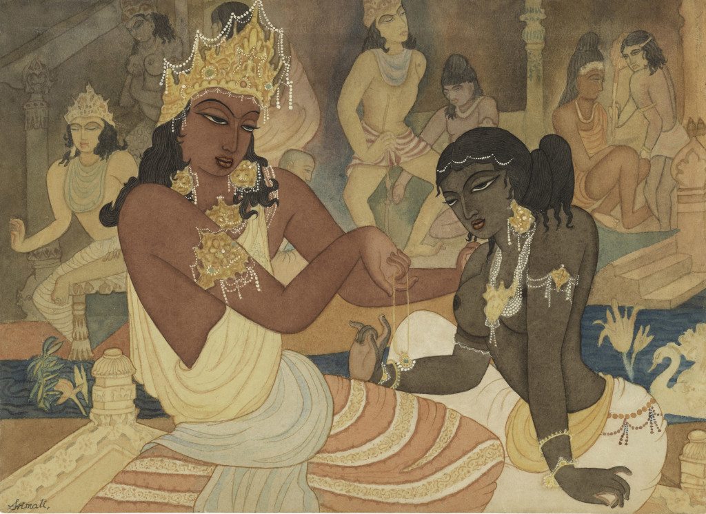 Carudatta Presenting a Pearl Necklace to Vasantesena Chennai, ca. 1952 Watercolor on paper 10 in. x 13 5/8 in. (25.4 x 34.6 cm) Lent by Michael Pellettieri Photo: © 2016 M. Pellettieri 