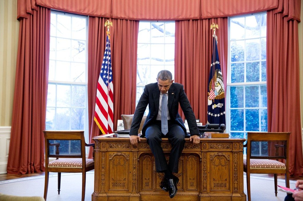 2. Feb. 23, 2016 “This photograph evokes the President in deep thought, which is not always an easy mood to convey. He was prepping with his national security staff before a teleconference with European leaders.” (Official White House Photo by Pete Souza)