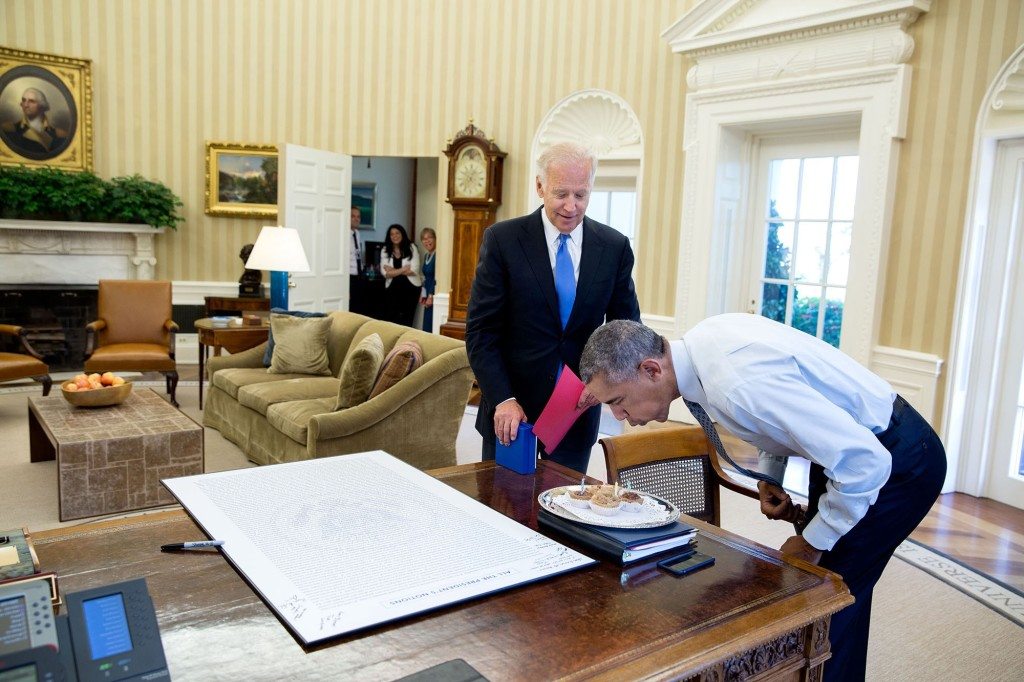 8. Aug. 4, 2016 “With some staff watching in the background, President Obama blows out candles after the Vice President surprised him with some birthday cupcakes.” (Official White House Photo by Pete Souza)