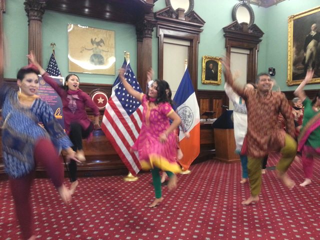 Dancing the bhangra in the City Hall chambers in celebration of Diwali - photo -Lavina Melwani