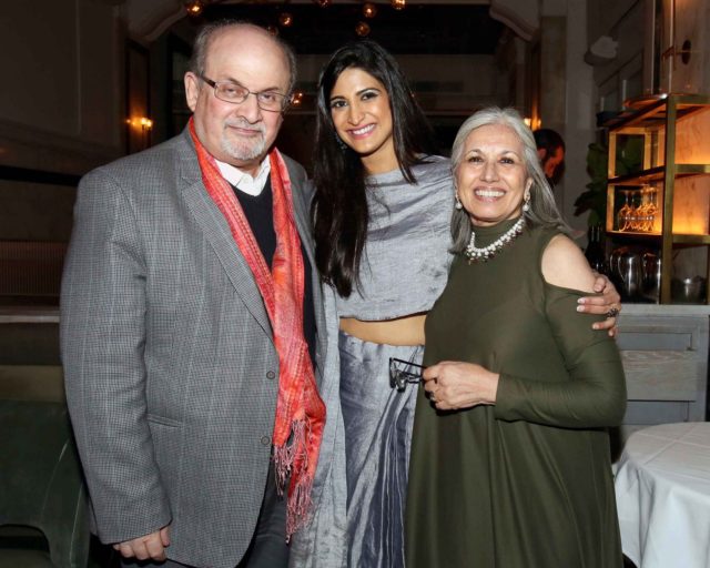 Author Salman Rushdie (left) actor Aahana Kumra and Aroon Shivdasani, Executive Direcotr of IAAC at 17th Annual New York Indian Film Festival red carpet walk Photo;-Jay Mandal/On Assignment