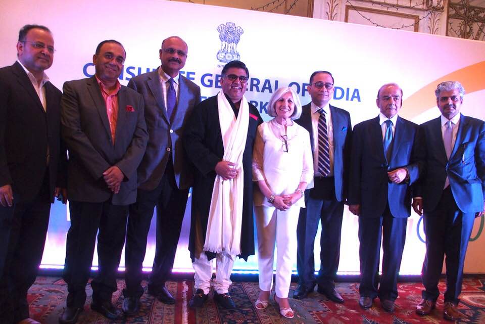 Aroon Shivdasani and Dr. Nirmal Mattoo with Consul General Sandeep Chakravorty and members of the board: Left to right - Sunil Hali, Yakub mathew, rakesh Kaul, Anurag Harsh, Aroon Shivdasani, Consul General Sandeep Chakravorty, Dr Nirmal Mattoo and Rajeev Kaul