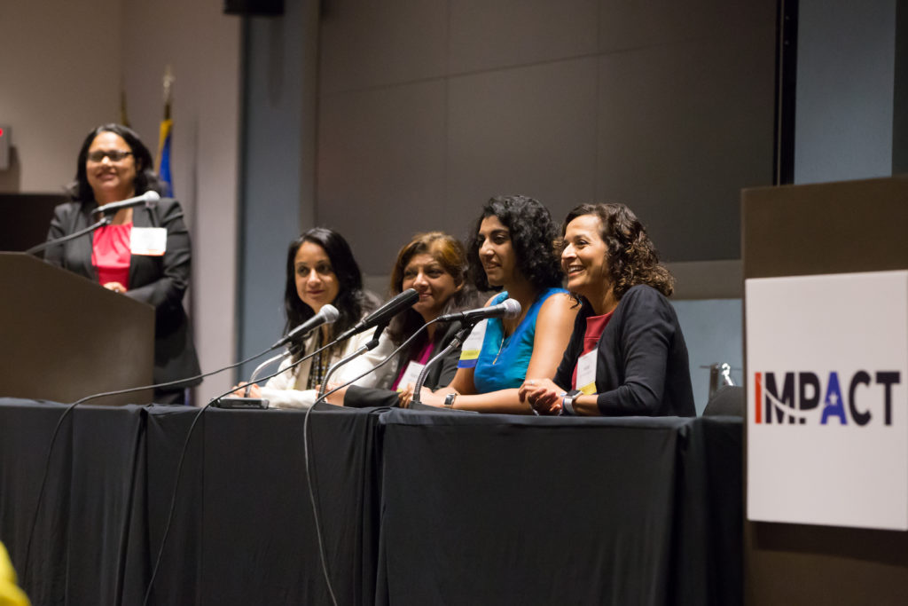 Women candidates speak at Impact Summit, June 7, 2018 in Washington, D.C. L-R: Mini Timmaraju, Board Member, Indian American Impact Project; Dita Bhargava, former candidate for Connecticut State Treasurer; Padma Kuppa, candidate for Michigan State House; Dr. Megan Srinivas, candidate for Iowa State House; and Dr. Hiral Tipirneni, candidate for U.S. House (AZ-08).