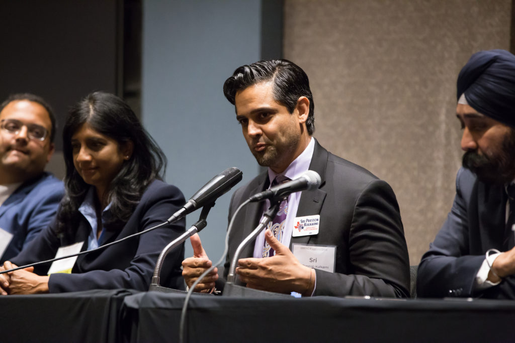 Sri Kulkarni, candidate for U.S. House (TX-22), speaks at Impact Summit, June 7, 2018 in Washington, D.C. with (L-R) Ram Villivalam, candidate for Illinois State Senate; Aruna Miller, former candidate for U.S. House (MD-06); and Ravi Bhalla, Mayor of Hoboken, NJ.