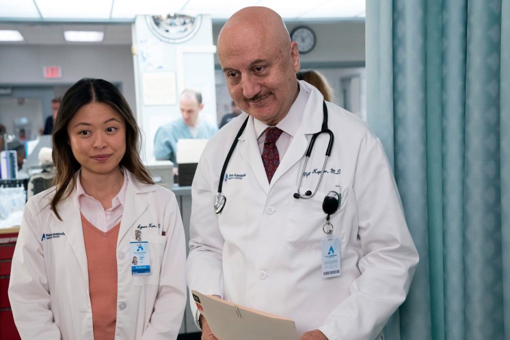 Christine Chang as Agnes Kao, Anupam Kher as Dr. Vijay Kapoor. Photo by Virginia Sherwood/NBC