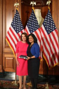 Rep. Pramila Jayapal with Speaker of the House Nancy Pelosi after she was swon into the 116th Congress