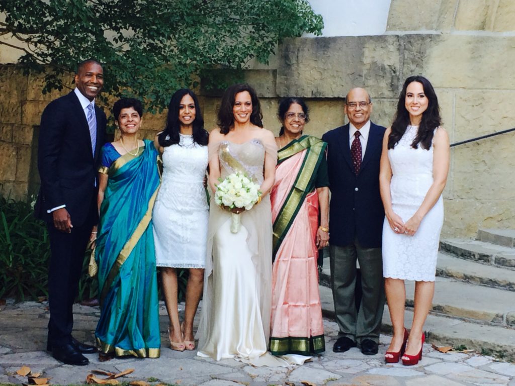 Kamala Harris on wedding day; At the courthouse on the day of our marriage, with my family. Left to right: Tony, Aunt Chinni, Maya, me, Aunt Sarala, Uncle Subash (Chinni’s husband), and Meena.