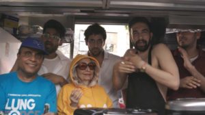 Mr. Cardamom and Madhur Jaffrey with crew in a halal cart in Queens