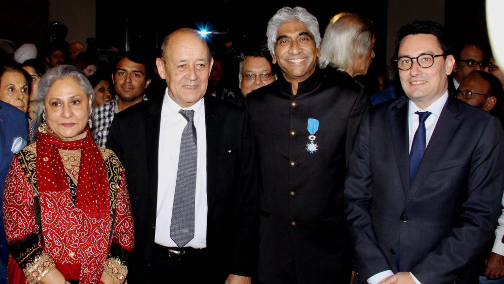 Amritraj receives the Chevalier Medal (L to R) Jaya Bachchan, French Foreign Minister Jean-Yves Le Drian, Ashok Amritraj, and French Ambassador to India Alexandre Ziegler.
