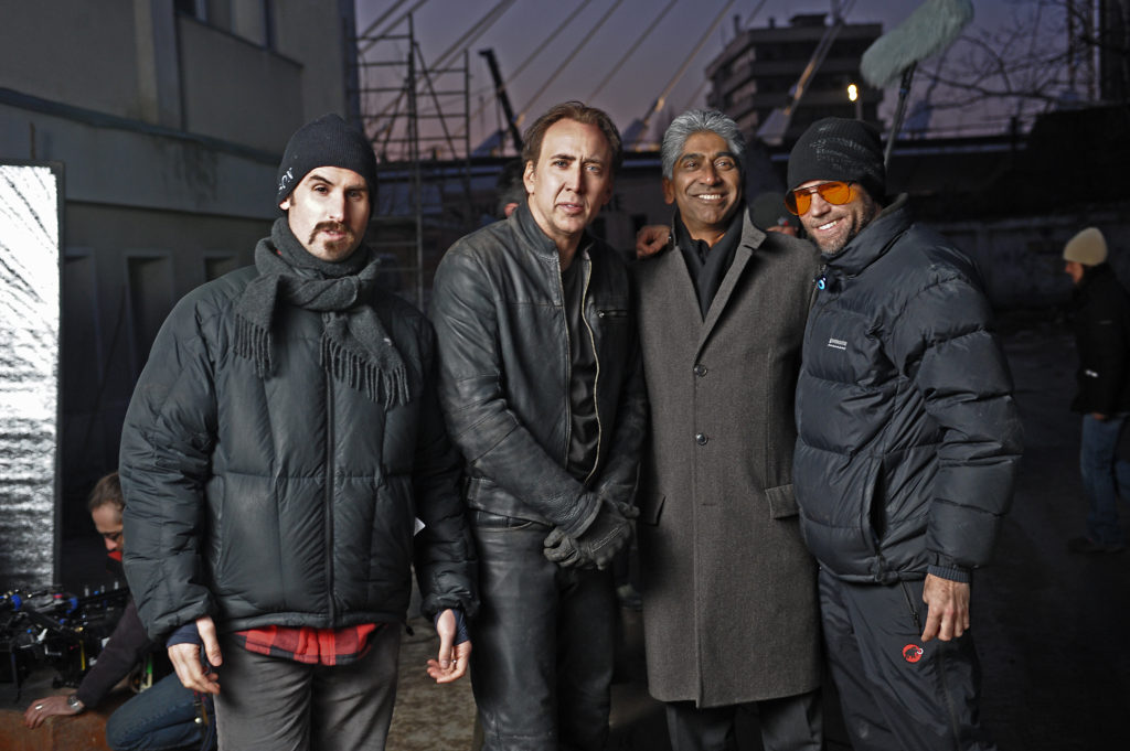 Ghost Rider Set: (L to R) Mark Neveldine, Nicolas Cage, Ashok Amritraj, and Brian Taylor.