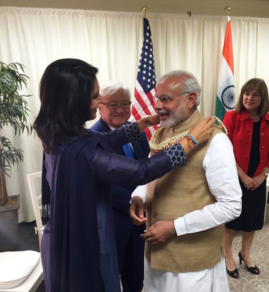 Tulsi Gabbard greets PM Narendra Modi in India