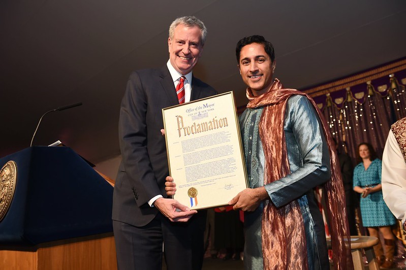 Mayor Bill de Blasio with Maulik Pancholy on Diwali