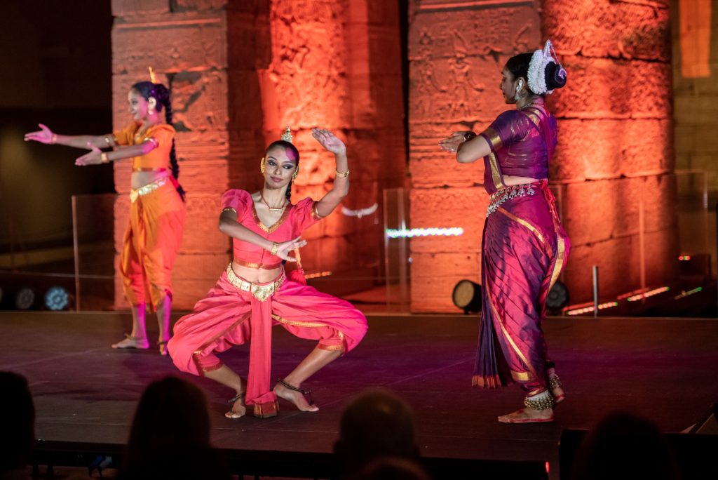 The Nrityagram Dance Ensemble in collaboration with The Chitrasena Dance Company perform Nrityagram: Sahara Revisted, in the Temple of Dendur at the Met Museum on October 27, 2018. Photo Credit: Stephanie Berger.