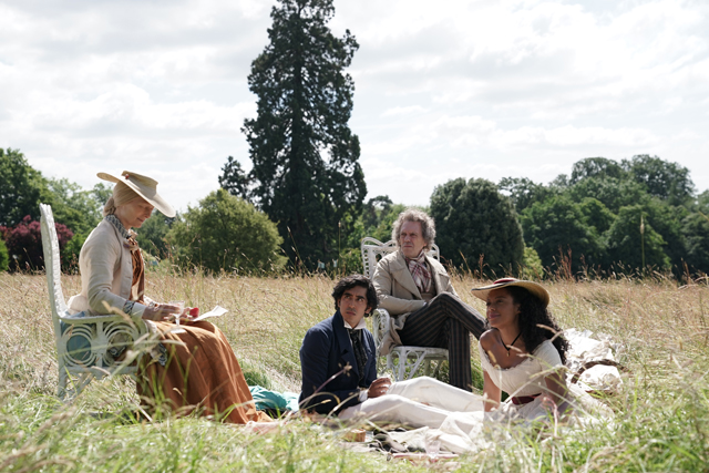 (From L-R): Tilda Swinton, Dev Patel, Hugh Laurie and Rosalind Eleazar in the film THE PERSONAL HISTORY OF DAVID COPPERFIELD. Photo by Dean Rogers. © 2020 20th Century Studios All Rights Reserved