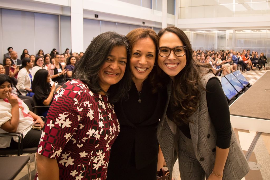 Pramila Jayapal, Kamala Harris and Meena Harris at an Impact event in 2018