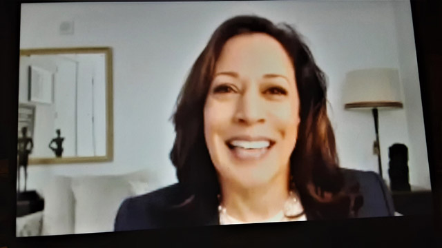 Kamala Harris in a virtual meeting