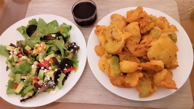 salad and pakoras