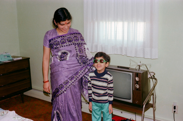 Sri Rao with mom and television set