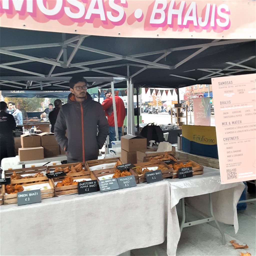 Samosas and Bhajjias at an English food festival in a London suburb