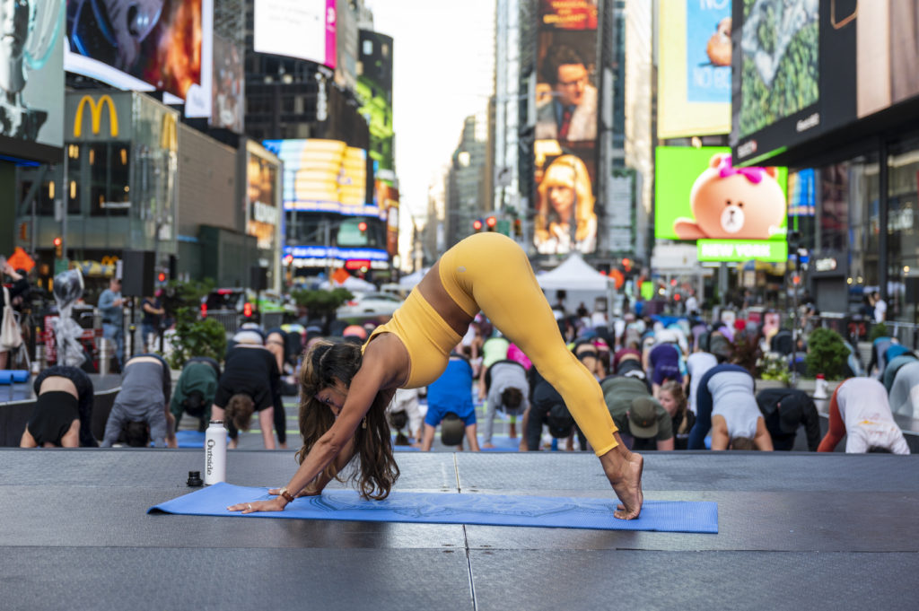 Yoga instructions in Times Square