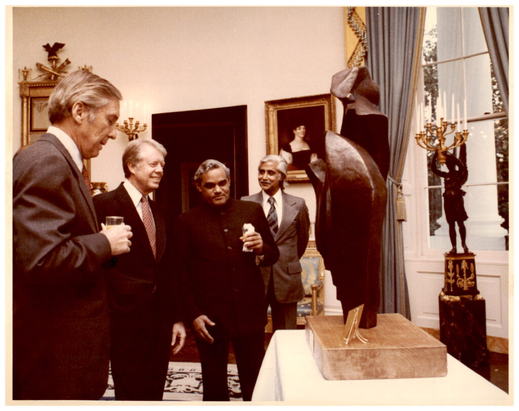 Unveiling Sehgal's sculpture at the White House : President Jimmy Carter, Minister Atal Bihari Vajpayee and Amar Nath Sehgal. Sculpture: The Rising Spirit