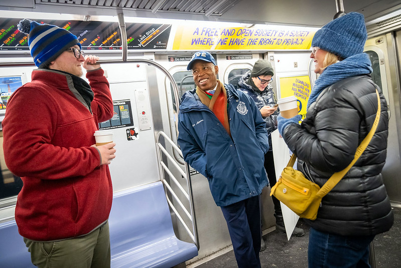 Mayor Eric Adams takes a subway ride in NYC