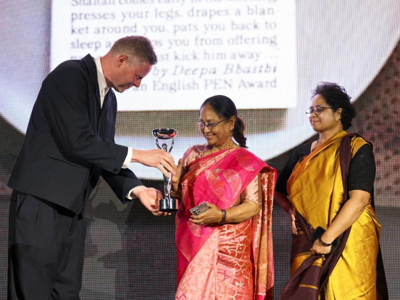 Max Porter, Chair of Judges, with International Booker Prize winners Banu Mushtaq and Deepa Bhasthi