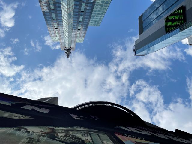 Upside down view of Times Square from a yoga mat