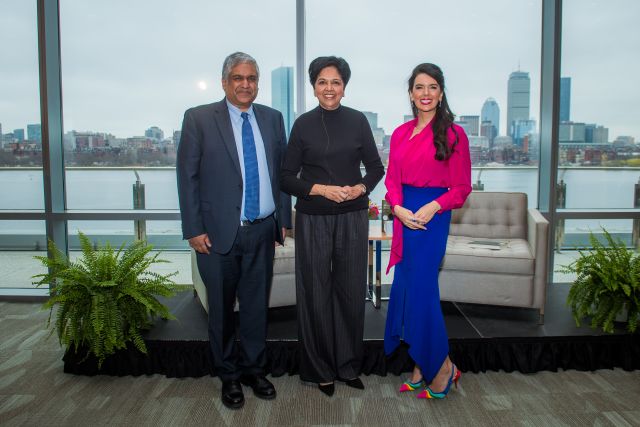 Provost Chandrakasan with Indra Nooyi and CEO and co-owner of Boston Globe Media Linda Henry (far right) at MIT in April 2022