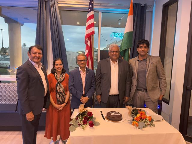 MIT Provost Chandrakasan (second from right) with Ambassador Binay S Pradhan Consul General (center) in Massachusetts in July 2025