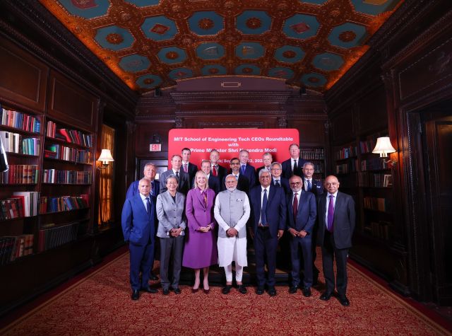 Prime Minster Shri Narendra Modi with Provost Chandrakasan (third from right in front row) in New York in September 2024 at a CEO technology roundtable