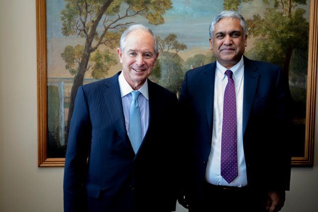 Provost Chandrakasan with Stephen Schwarzman (left) at MIT in February 2019 to celebrate the launch of the MIT Stephen A. Schwarzman College of Computing