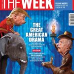 Magazine cover satire: Trump on an elephant and Biden on a donkey in a political cartoon titled 'The Great American Drama' against a blue curtain backdrop, with a torch-bearing figure nearby.