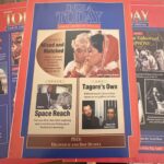 Close-up of Indian newsmagazine covers, centered on a blue 'India Today' issue with a wedding photo feature framed in a gold rectangle.